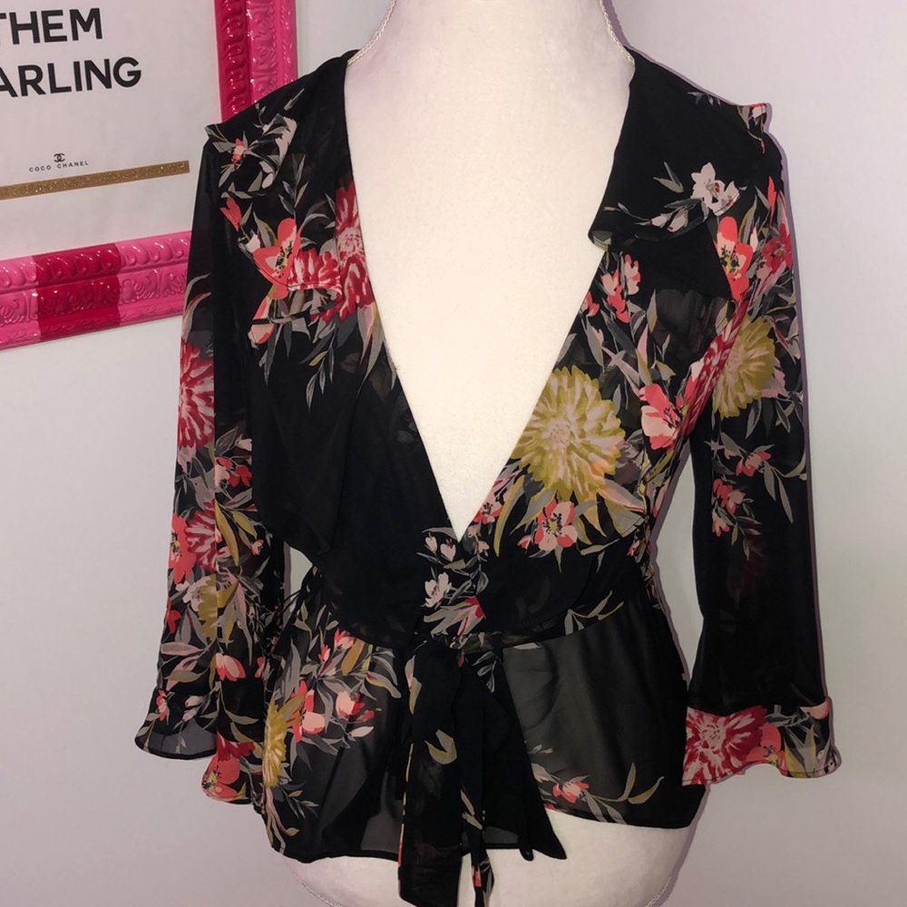 ELLE floral chiffon sheer wrap top or cardigan S